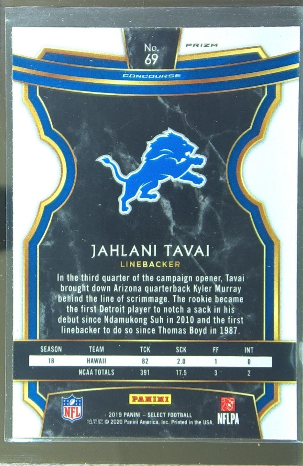 2019 Select Jahlani Tavai Silver Prizm RC #69 Lions - Image 3
