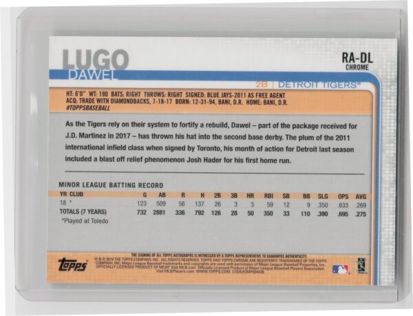 2019 Topps Chrome Dawel Lugo AU #RA-DL Tigers Rookie Autographs - Image 3