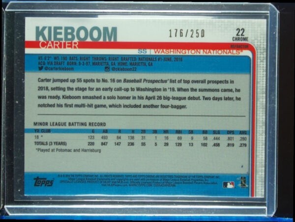 2019 Topps Chrome Update Carter Kieboom Refractor SN250 #22 Nationals - Image 3
