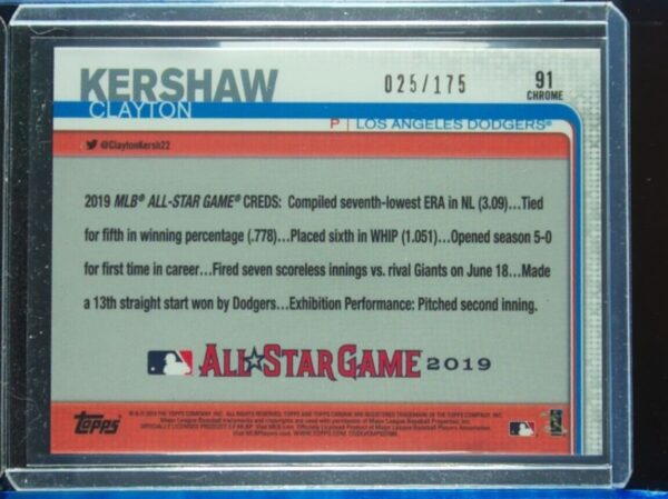 2019 Topps Chrome Update Clayton Kershaw Purple Refractor SN175 #91 Dodgers - Image 3