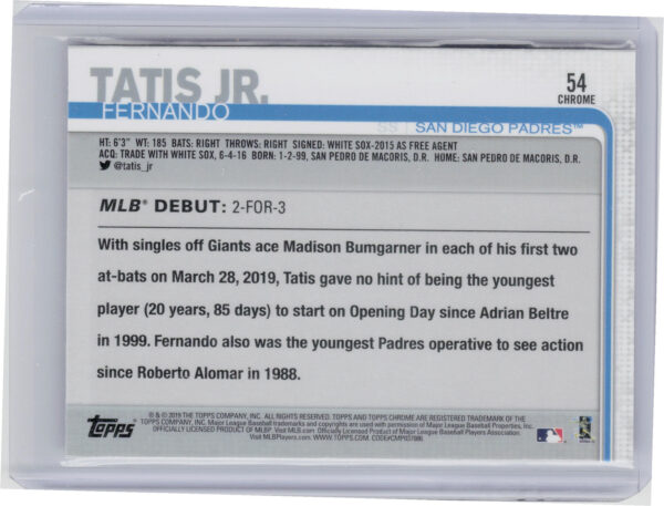 2019 Topps Chrome Update Fernando Tatis Jr. RC #54 Padres - Image 3