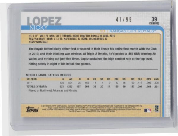 2019 Topps Chrome Update Nicky Lopez Green Refractor SN99 #39 Royals - Image 3