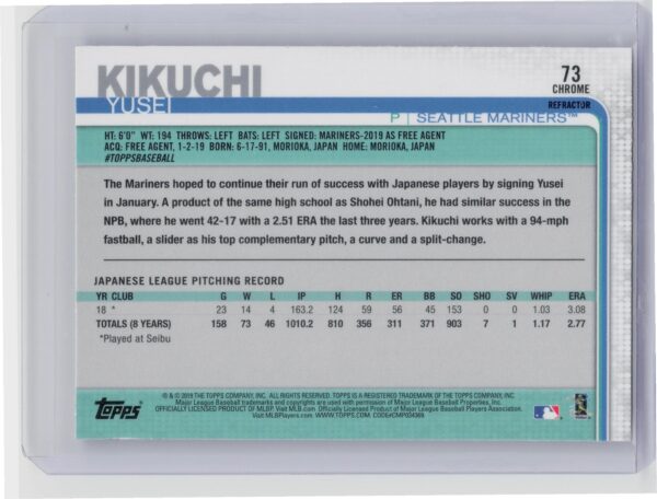 2019 Topps Chrome Yusei Kikuchi Pink Refractor #73 Mariners - Image 3