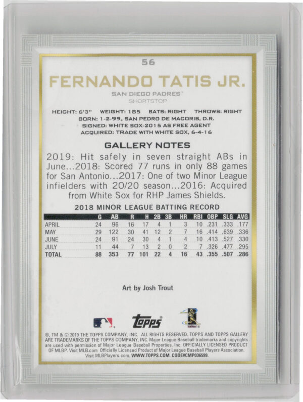 2019 Topps Gallery Fernando Tatis Jr. RC #56 Padres - Image 3