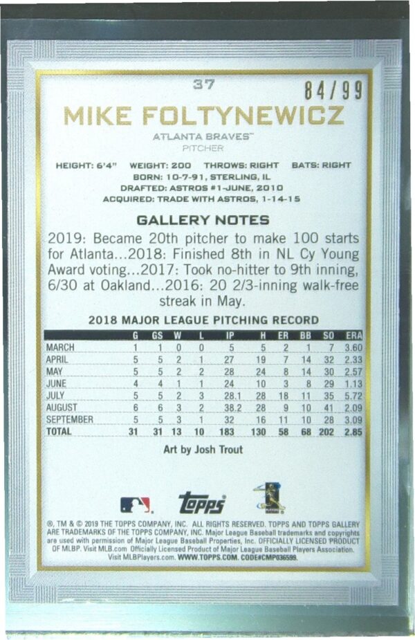 2019 Topps Gallery Mike Foltynewicz Green /99 #37 Braves - Image 3