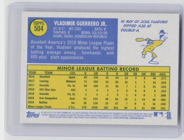 2019 Topps Heritage Vladimir Guerrero Jr. RC #504 Jays - Image 3