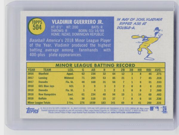 2019 Topps Heritage Vladimir Guerrero Jr. RC #504 Jays - Image 3