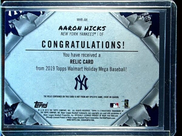 2019 Topps Holiday Aaron Hicks JSY #WHR-AH Yankees Relics