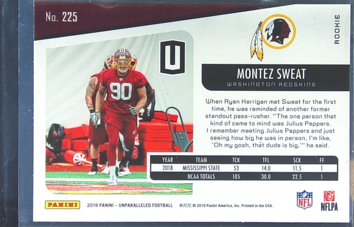 2019 Unparalleled Montez Sweat RC #225 Redskins - Image 3