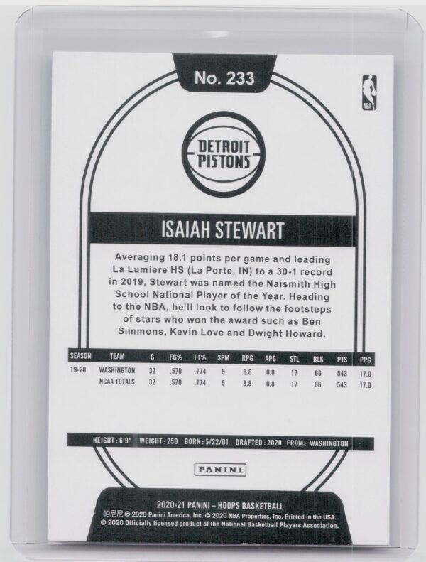 2020-21 Hoops Isaiah Stewart Rookie RC #233 Pistons - Image 3