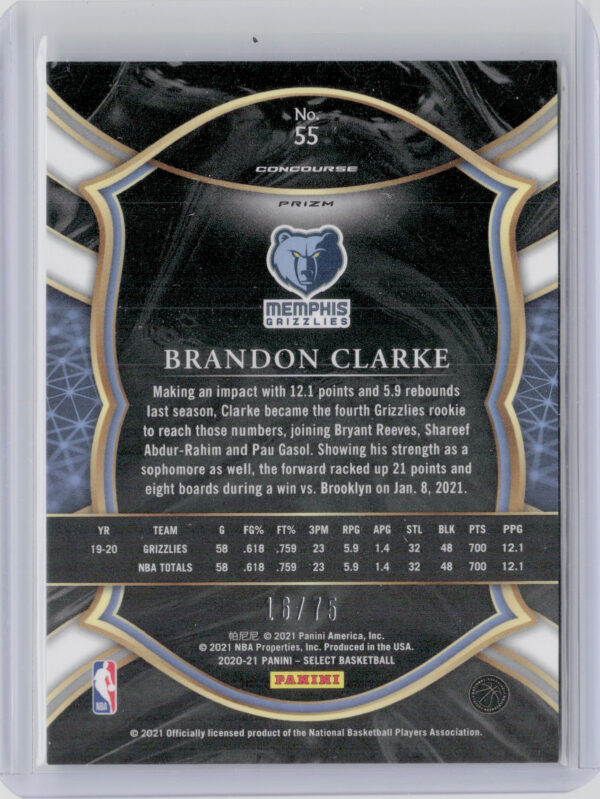 2020-21 Panini Select Brandon Clarke Neon Green Prizms SN75 #55 Grizzlies - Image 3
