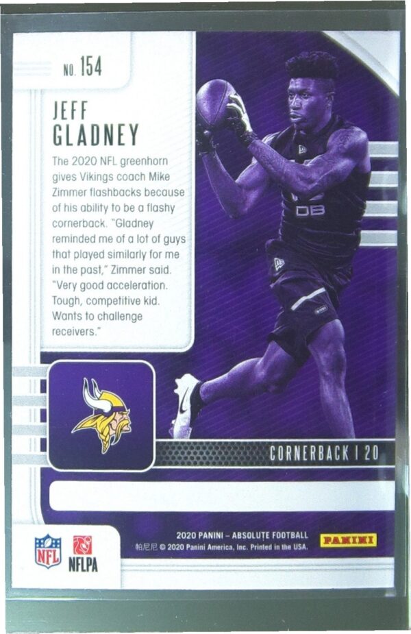 2020 Absolute Jeff Gladney Retail RC #154 Vikings - Image 3