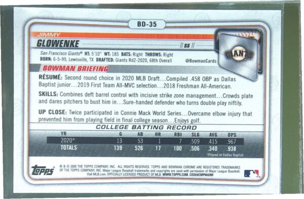 2020 Bowman Draft Sapphire Edition Jimmy Glowenke Green /50 #BD-35 Giants - Image 3