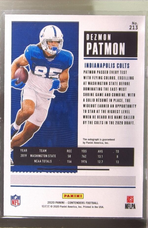 2020 Contenders Dezmon Patmon Auto RC #213 Colts - Image 3