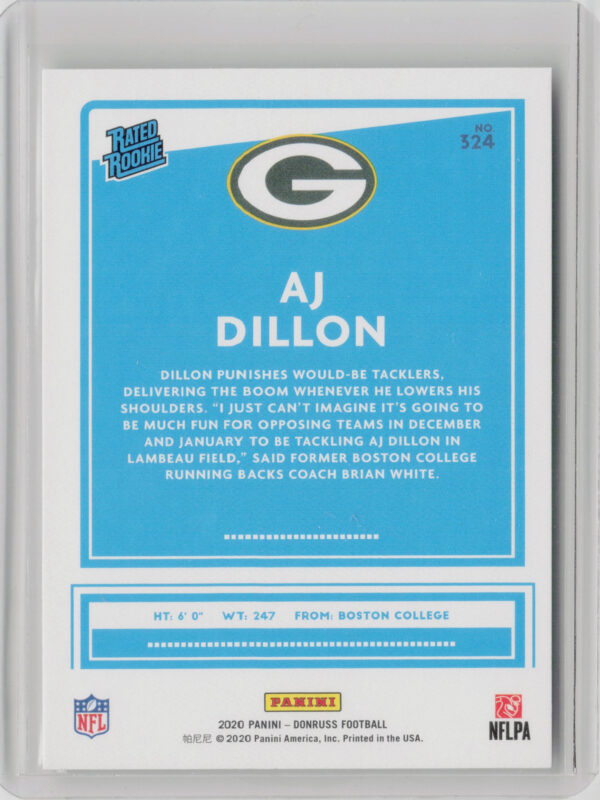 2020 Donruss AJ Dillon #324 Packers Rated Rookies Canvas - Image 3