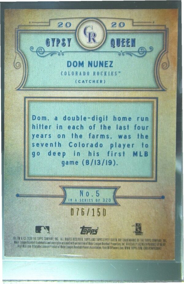 2020 Gypsy Queen Dom Nunez Blue /150 RC #5 Rockies - Image 3