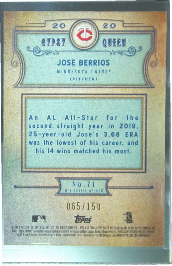 2020 Gypsy Queen Jose Berrios Blue /150 #71 Twins - Image 3
