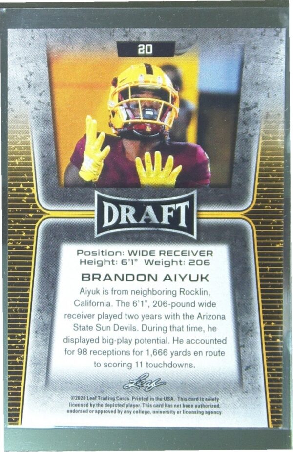 2020 Leaf Draft Brandon Aiyuk RC #20 Devils - Image 3