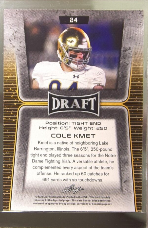 2020 Leaf Draft Cole Kmet Red RC #24 Irish - Image 3