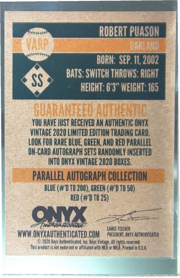 2020 Onyx Vintage Robert Puason Base Blue Ink Autographs Auto #VARP Athletics - Image 3