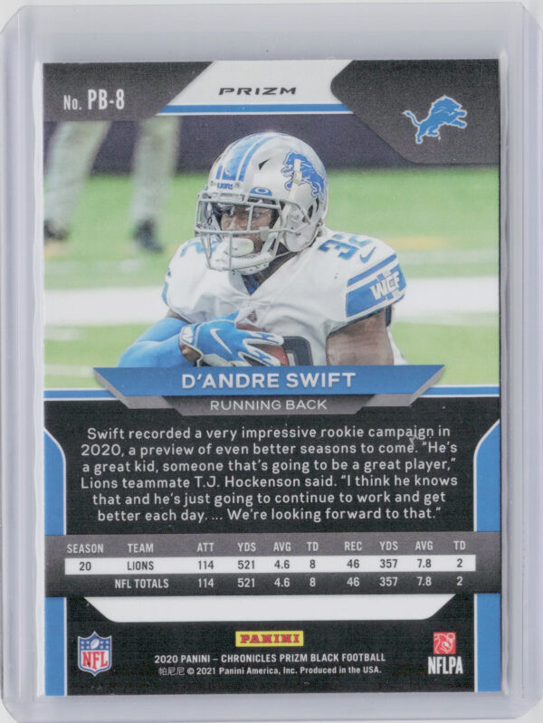 2020 Panini Chronicles D'Andre Swift #PB-8 Lions Prizm Black Silver - Image 3