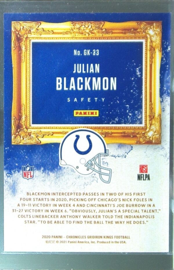 2020 Panini Chronicles Julian Blackmon RC #GK-33 Colts Gridiron Kings - Image 3