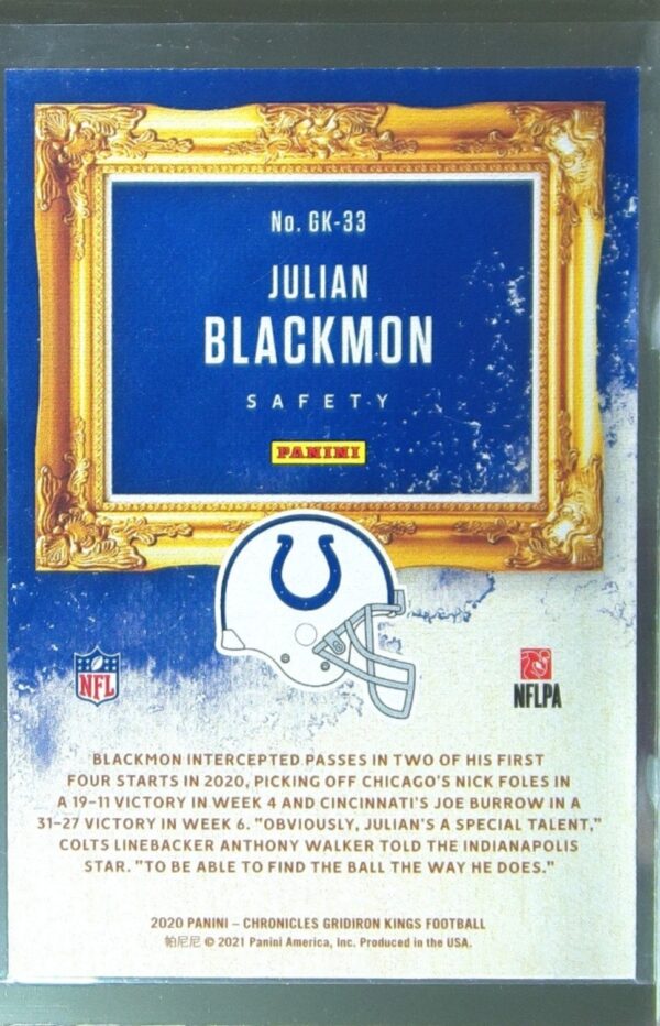 2020 Panini Chronicles Julian Blackmon RC #GK-33 Colts Gridiron Kings Pink - Image 3