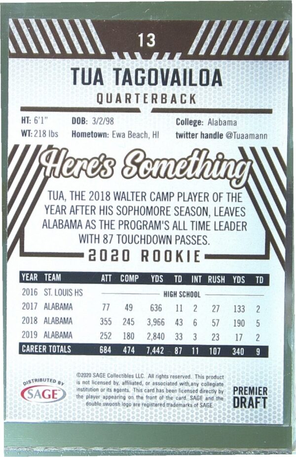 2020 SAGE HIT Tua Tagovailoa RC #13 Tide - Image 3