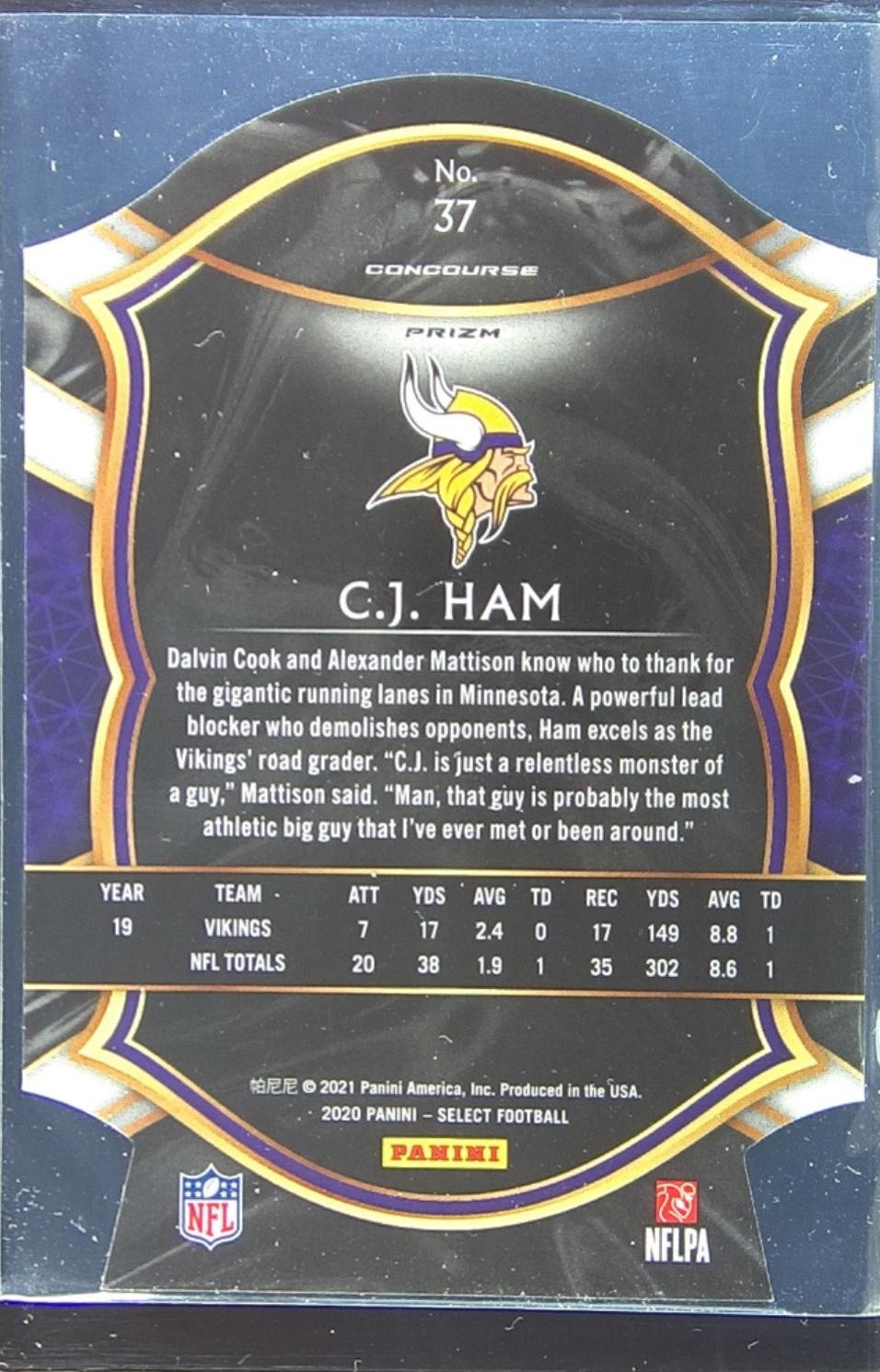 2020 Select C.J. Ham Purple Prizm Die Cut RC #37 Vikings - Image 3