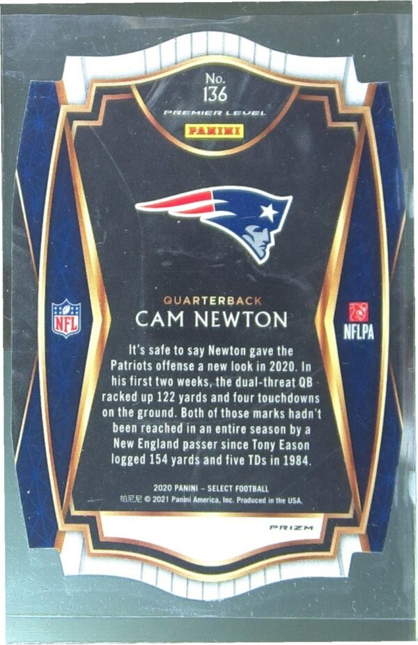 2020 Select Cam Newton Red Prizm Die Cut #136 Patriots - Image 3