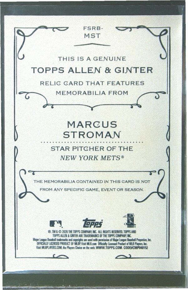 2020 Topps Allen & Ginter Marcus Stroman JSY #FSRB-MST Mets Full Size Relics B - Image 3