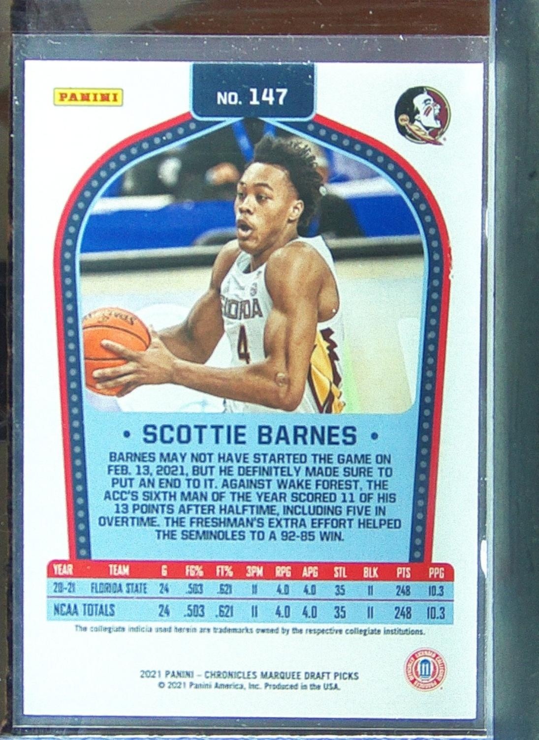 2021-22 Chronicles Draft Scottie Barnes RC #147 Seminoles - Image 3