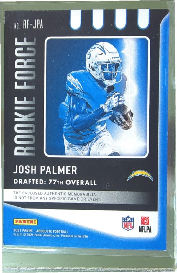 2021 Absolute Josh Palmer JSY RC #RF-JPA Chargers Rookie Force - Image 3