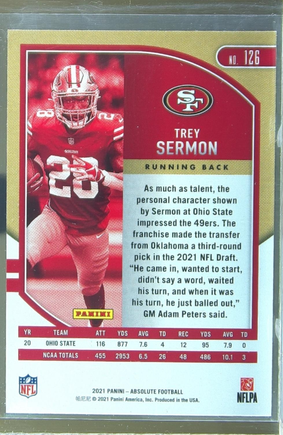2021 Absolute Trey Sermon Retail RC #126 49ers - Image 3