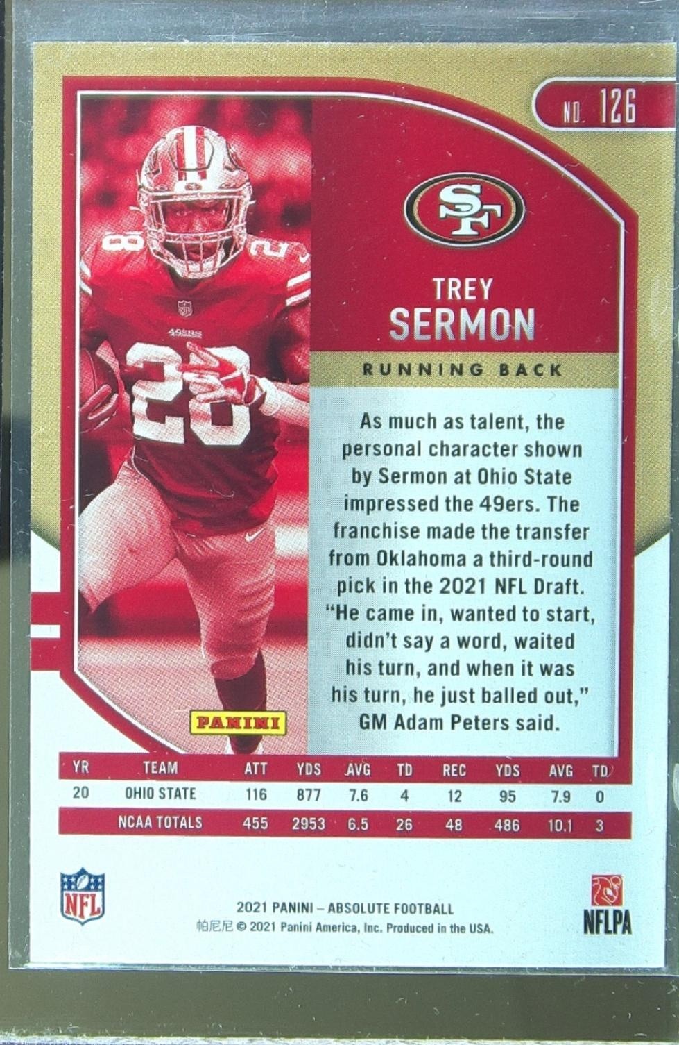 2021 Absolute Trey Sermon Retail RC #126 49ers - Image 3