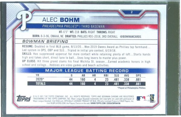 2021 Bowman Alec Bohm RC #2 Phillies - Image 3