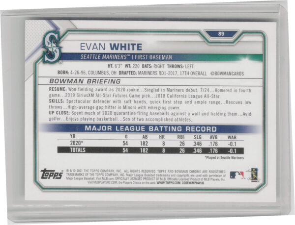 2021 Bowman Evan White RC #89 Mariners - Image 3