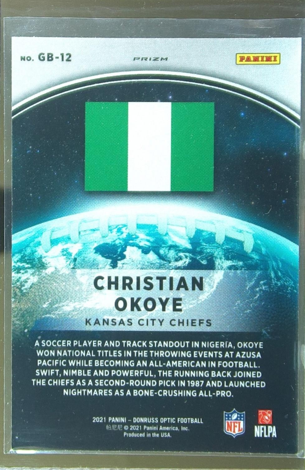 2021 Donruss Optic Christian Okoye #GB-12 Chiefs GloBall - Image 3