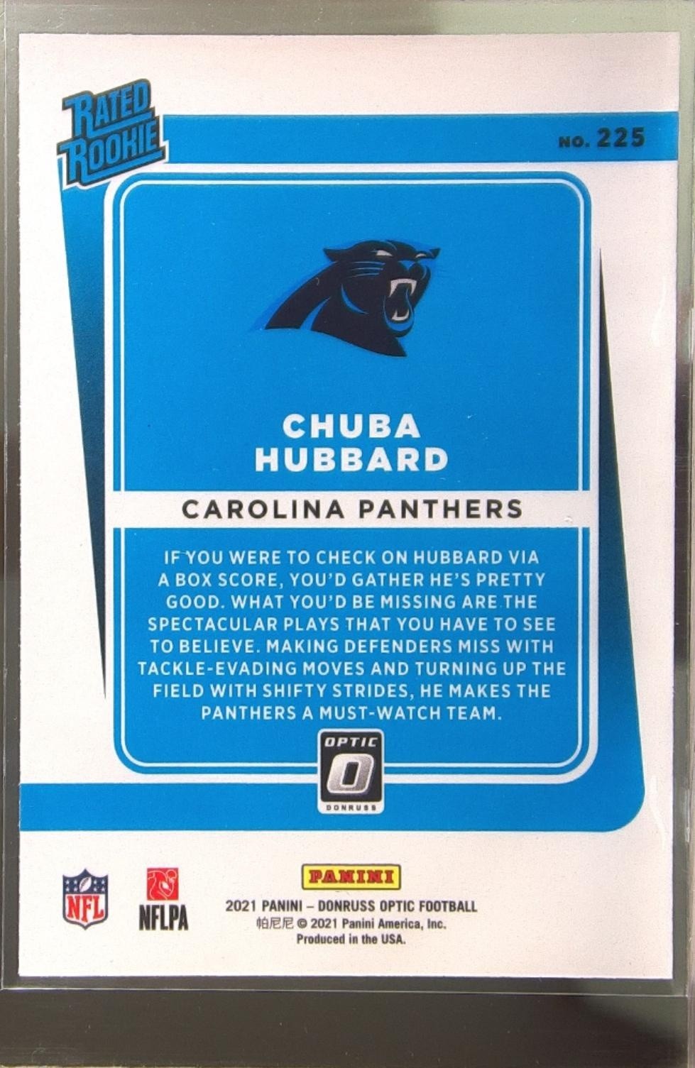 2021 Donruss Optic Chuba Hubbard RC #225 Panthers - Image 3