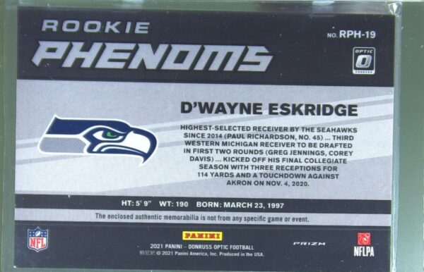 2021 Donruss Optic D'Wayne Eskridge JSY RC #RPH-19 Rookie Phenoms Horizontal - Image 3