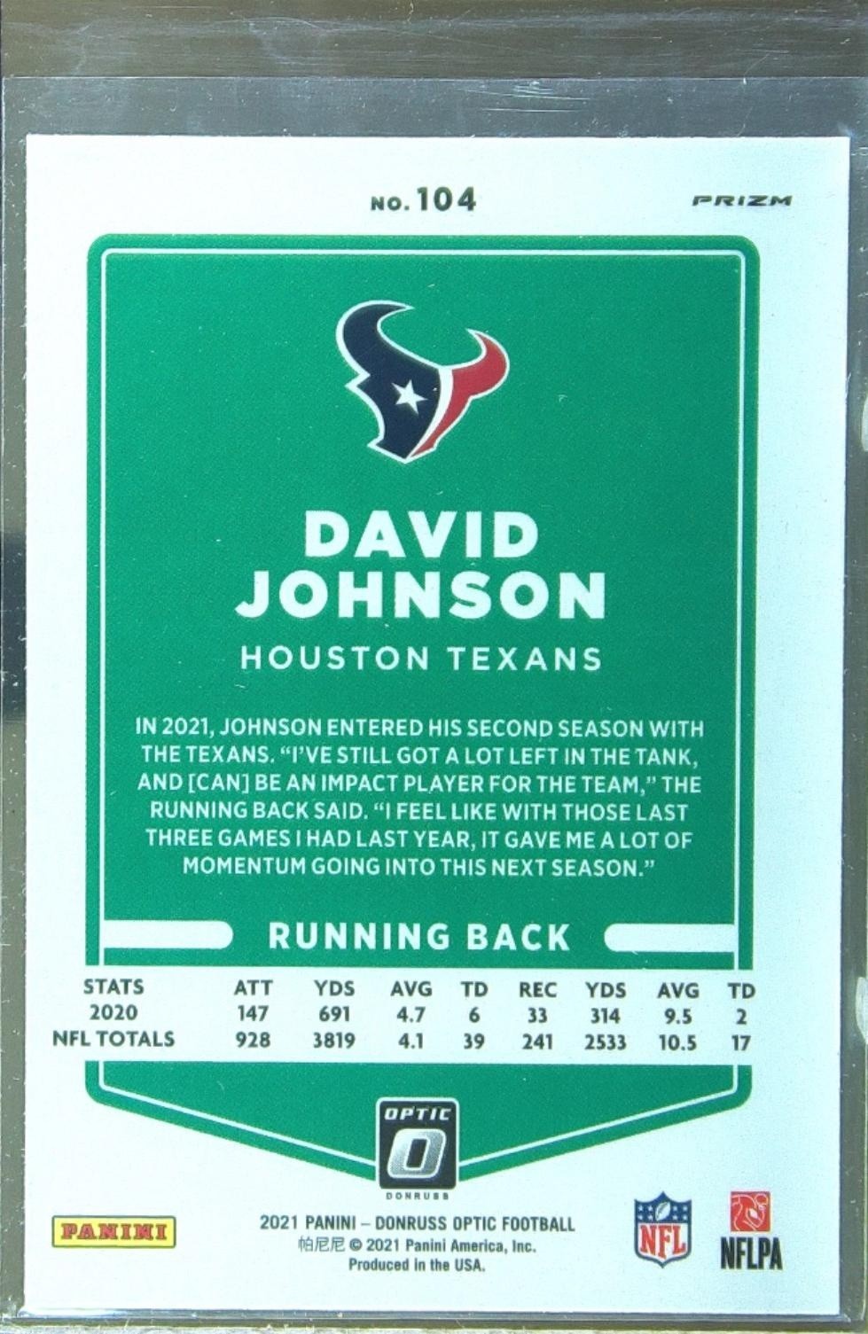 2021 Donruss Optic David Johnson Holo #104 Texans - Image 3