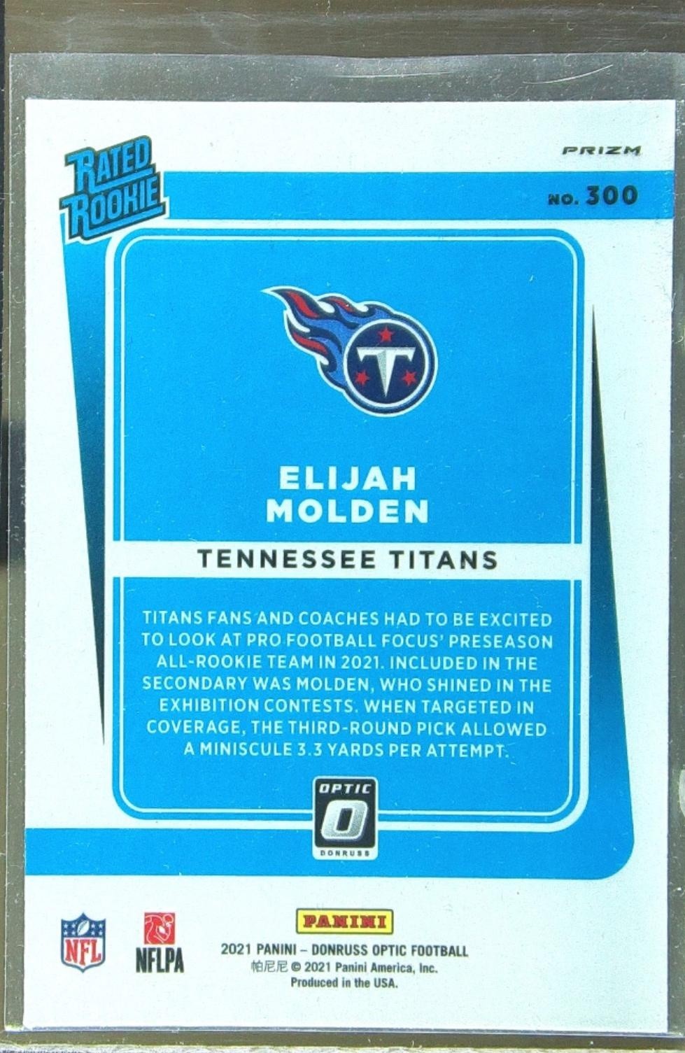 2021 Donruss Optic Elijah Molden Purple Shock RC #300 Titans - Image 3