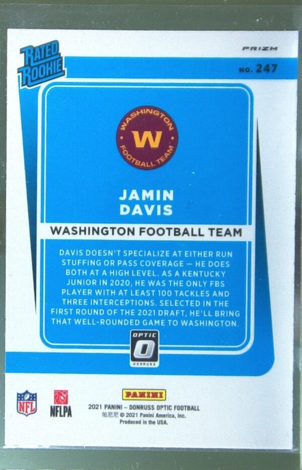 2021 Donruss Optic Jamin Davis Purple Shock RC #247 Team - Image 3