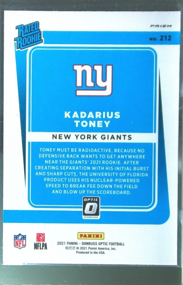 2021 Donruss Optic Kadarius Toney Blue Scope RC #212 Giants - Image 3
