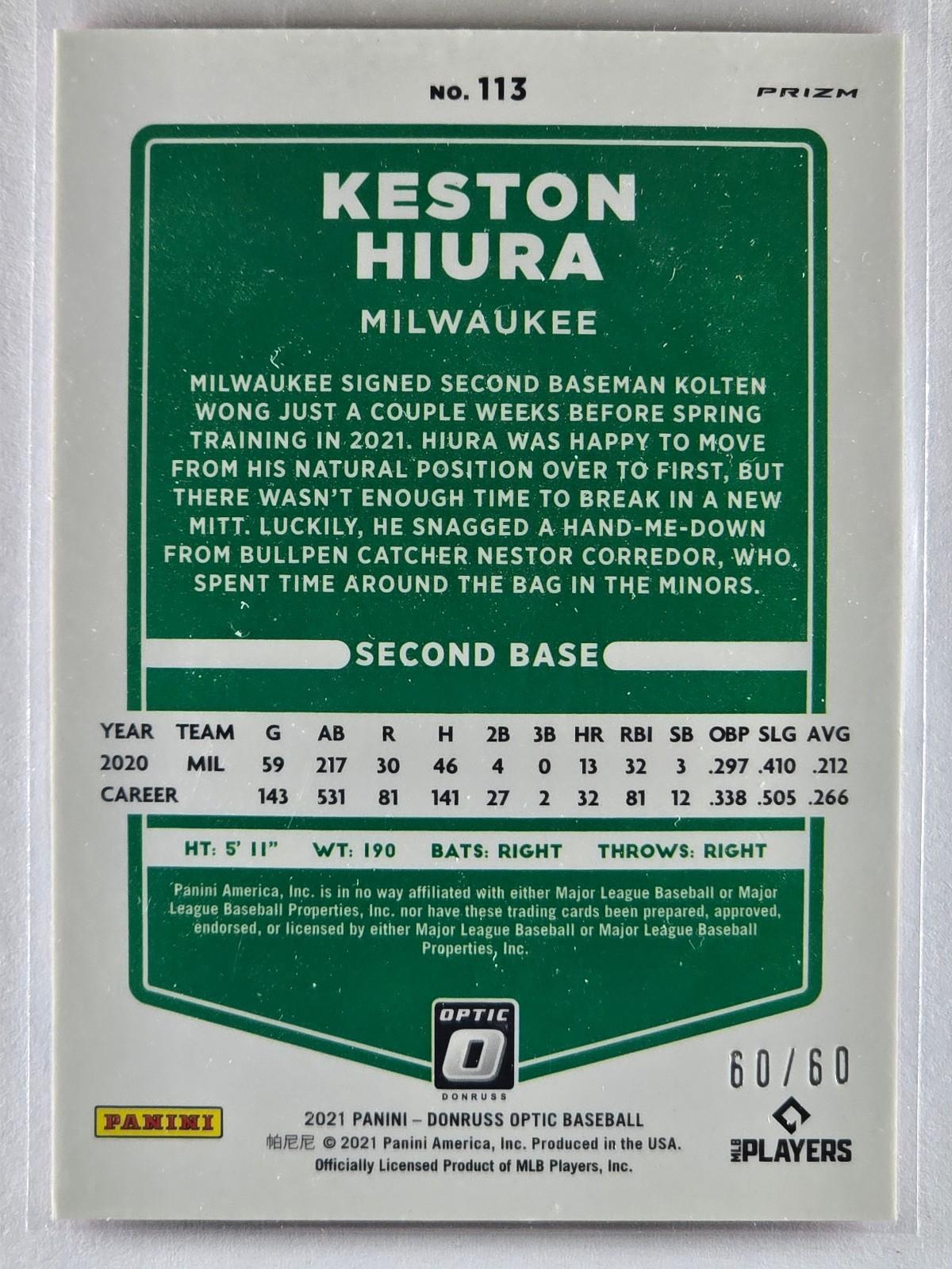 2021 Donruss Optic Keston Hiura Red Prizm /60 Brewers no.113 - Image 3