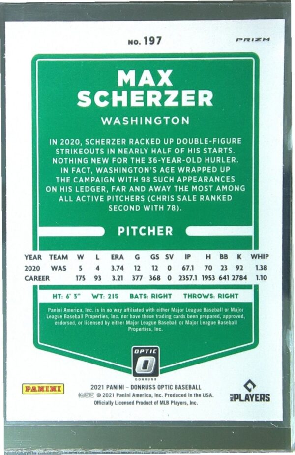 2021 Donruss Optic Max Scherzer Holo #197 Nationals - Image 3