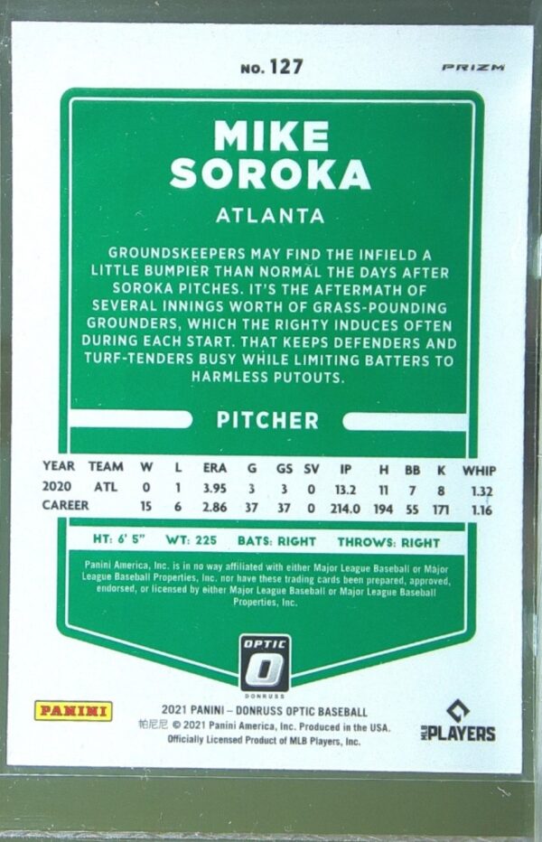 2021 Donruss Optic Mike Soroka Carolina Blue & White #127 Braves - Image 3