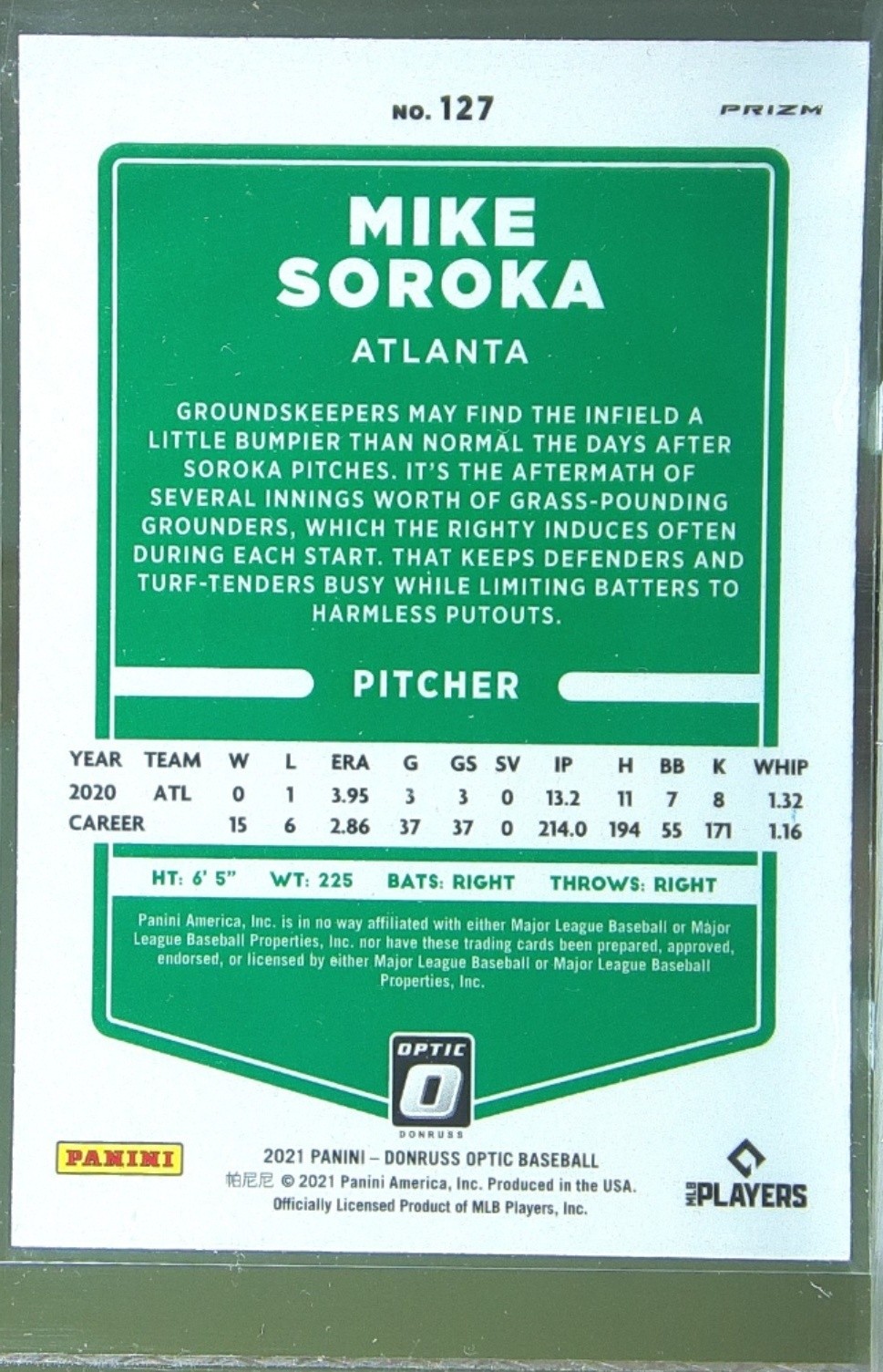 2021 Donruss Optic Mike Soroka Carolina Blue & White #127 Braves - Image 3