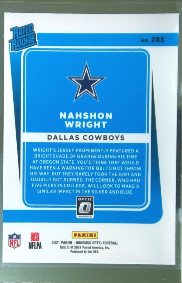 2021 Donruss Optic Nahshon Wright RC #285 Cowboys - Image 3