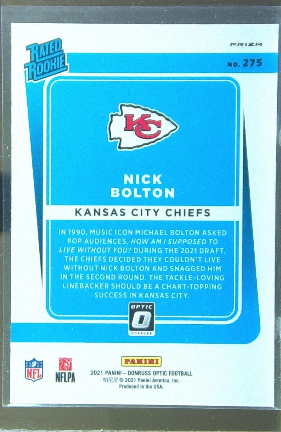 2021 Donruss Optic Nick Bolton Green Velocity RC #275 Chiefs - Image 3